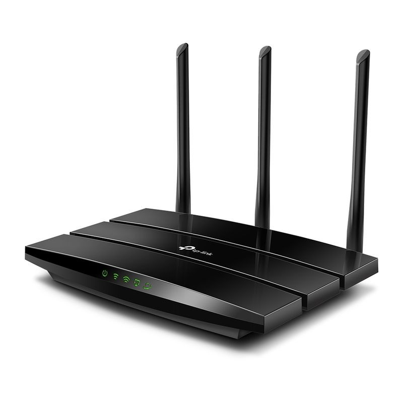 TP-Link Archer A8 WiFi Dual Router AC1900 negro brillante con 3 antenas externas ajustables, indicadores LED frontales y diseño de aletas horizontales
