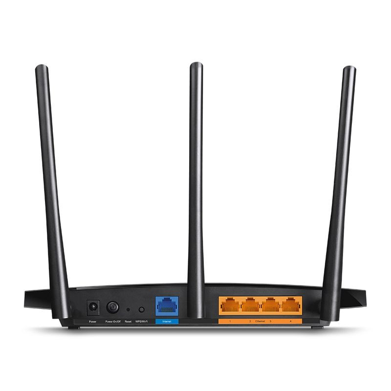 TP-Link Archer A8 WiFi Dual AC1900 con 3 antenas externas, 4 puertos LAN naranjas, 1 puerto WAN azul, botón WPS y diseño negro minimalista