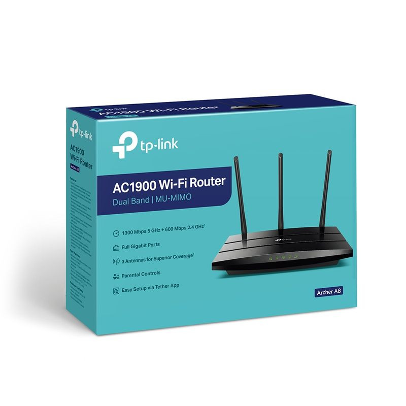 Router TP-Link Archer A8 AC1900 de doble banda, negro, con tres antenas externas, diseño rectangular y leds frontales; caja turquesa con especificaciones
