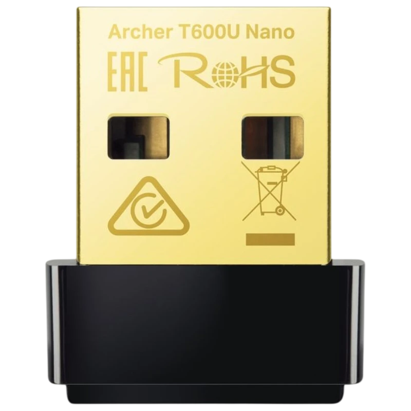 TP-Link Archer T600U USB - Adaptador WiFi nano con conector dorado y carcasa negra compacta; certificaciones EAC y RoHS visibles en la superficie