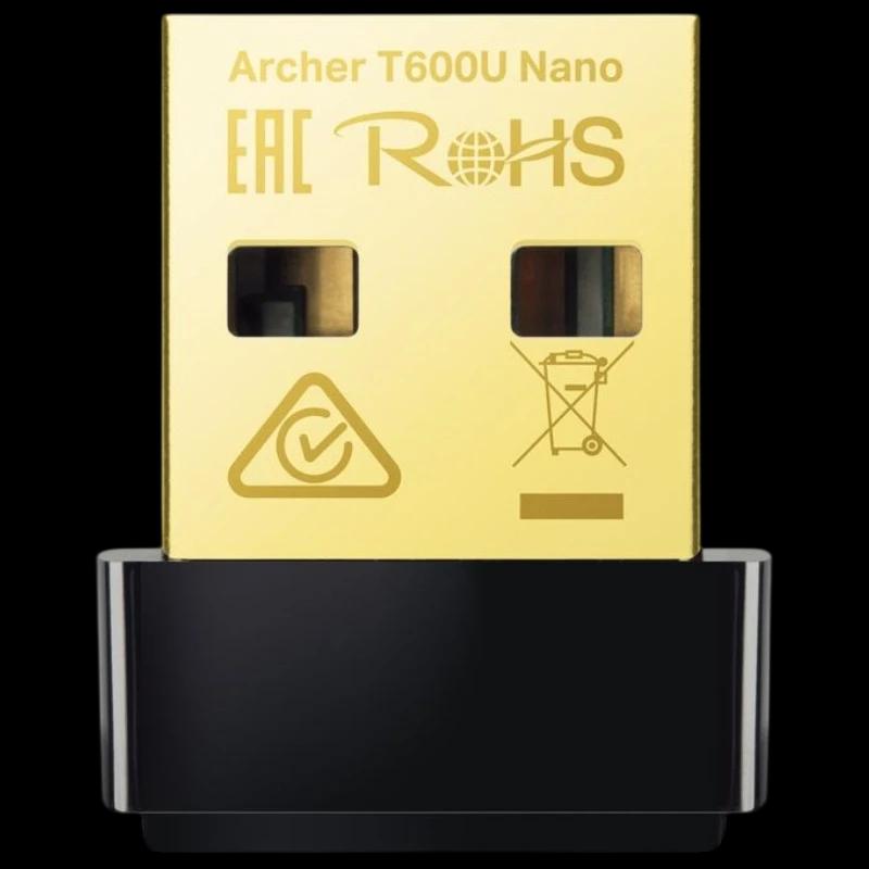 TP-Link Archer T600U USB - Adaptador WiFi nano con conector dorado y carcasa negra compacta; certificaciones EAC y RoHS visibles en la superficie