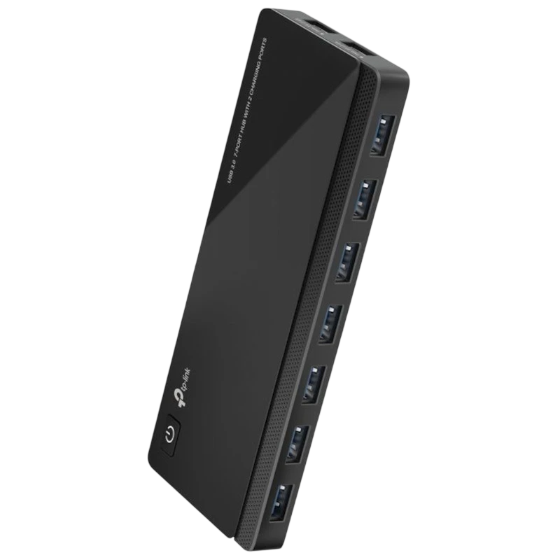 TP-Link UH720 USB 3.2 Gen 1 7 puertos Hub en negro brillante con botón de encendido, 7 puertos USB azules en el lateral y 2 adicionales en el extremo superior