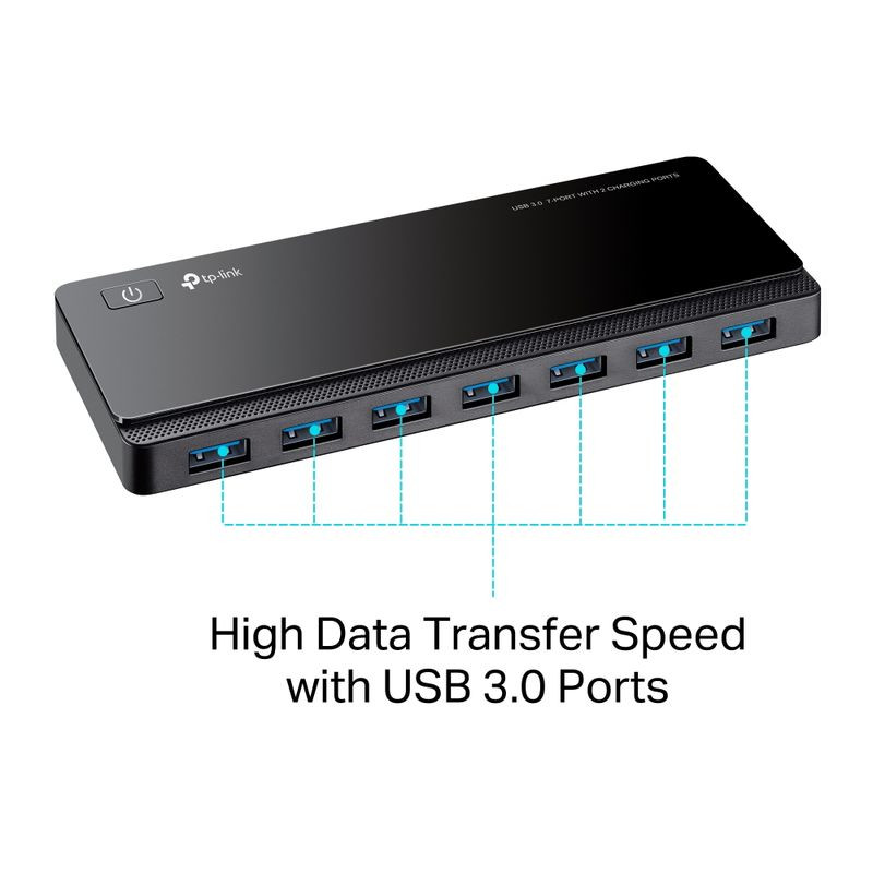 Hub TP-Link UH720 negro, barra rectangular con 7 puertos USB 3.2 Gen 1 frontales en azul, botón de encendido superior y acabado brillante minimalista