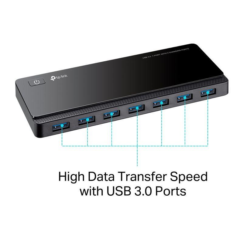 Hub TP-Link UH720 negro, barra rectangular con 7 puertos USB 3.2 Gen 1 frontales en azul, botón de encendido superior y acabado brillante minimalista