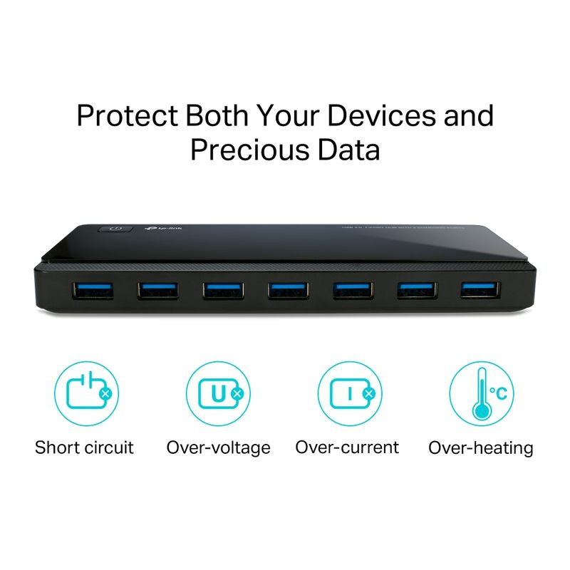 TP-Link UH720 USB 3.2 Gen 1 hub negro con 7 puertos USB azules frontales; indicadores y textos de protección contra cortocircuito, sobretensión,