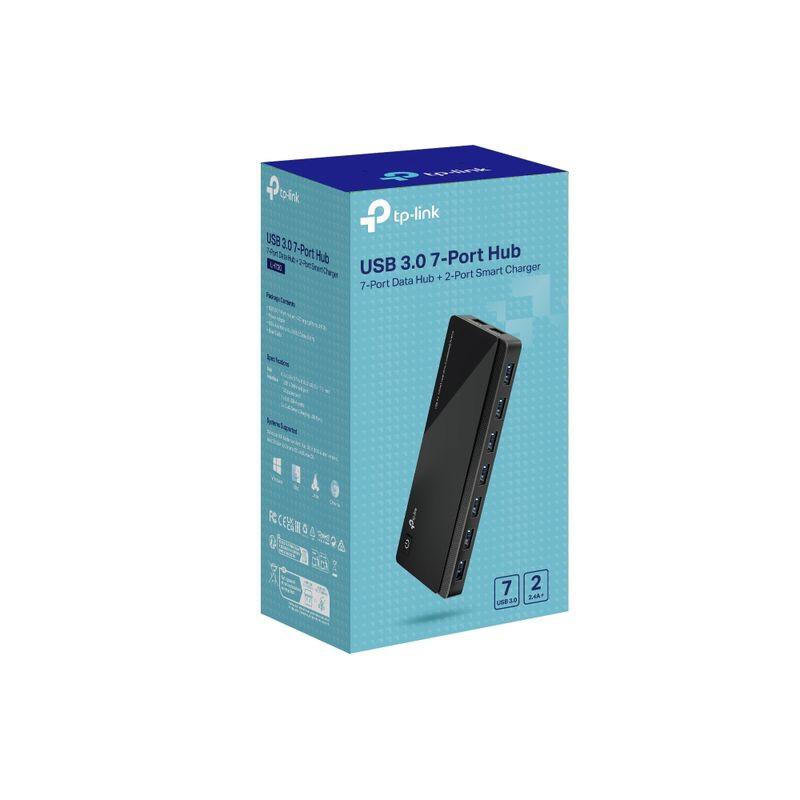 TP-Link UH720 USB 3.2 Gen 1 Hub negro con 7 puertos USB en lateral, 2 puertos de carga rápida, LED indicadores, diseño compacto y carcasa rectangular