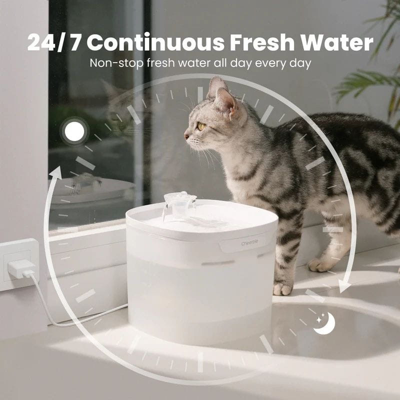 Bebedero automático blanco para gatos con depósito translúcido, flujo continuo de agua y boquilla elevada; diseño compacto junto a ventana y cable USB