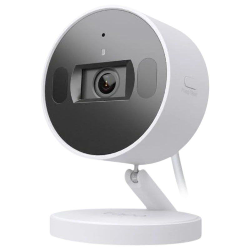 TP-Link Tapo C125 2K QHD cámara WiFi blanca con lente central, panel frontal negro, micrófono y altavoz, base ajustable y cable trasero, visión nocturna y IA
