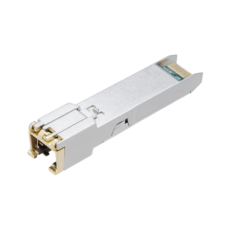 TP-Link TL-SM331T - Módulo SFP 1000BASE-TRJ45 metálico, compacto, con puerto RJ45 dorado y pestaña de extracción, diseño plateado profesional