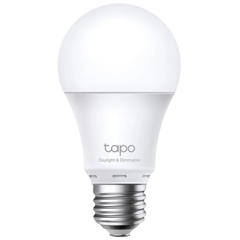 Bombilla LED blanca TP-Link Tapo L520E, casquillo E27, 8W regulable, cuerpo mate esférico con base metálica roscada y logotipo “tapo” en gris.