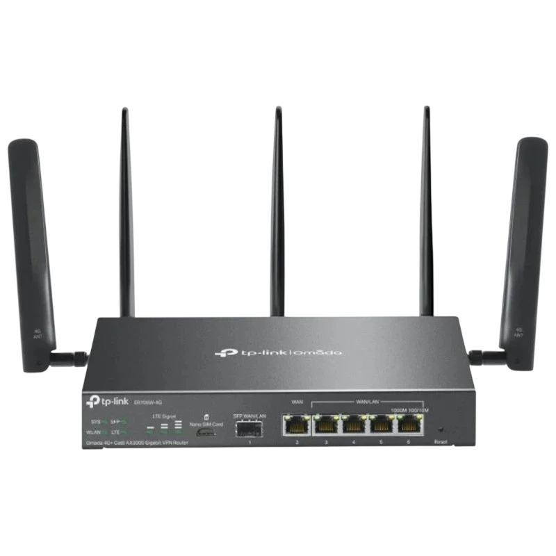 Router TP-Link Omada ER706W-4G con 4 antenas externas, 4 puertos Gigabit LAN, 1 WAN, SFP, y doble banda WiFi 2,4/5 GHz en chasis metálico negro.