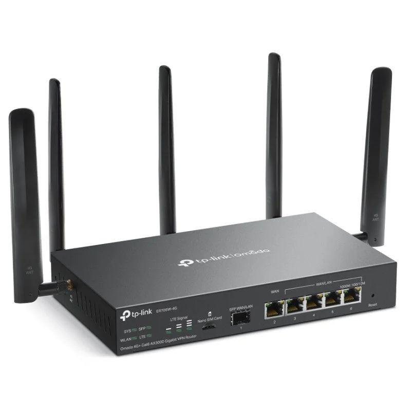 TP-Link Omada ER706W-4G: roteador preto com 4 antenas externas, 4 portas Gigabit LAN, 1 WAN, suporte 4G, Wi‑Fi dual band 2,4/5 GHz.