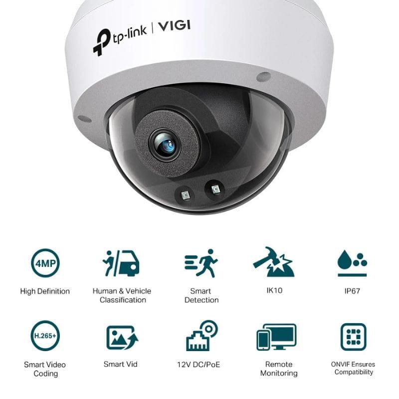 Cámara domo TP-Link VIGI C240I 4MP, lente 4 mm, carcasa blanca, cúpula transparente, IR 30 m, montaje en techo o pared, resistente IK10 e IP67