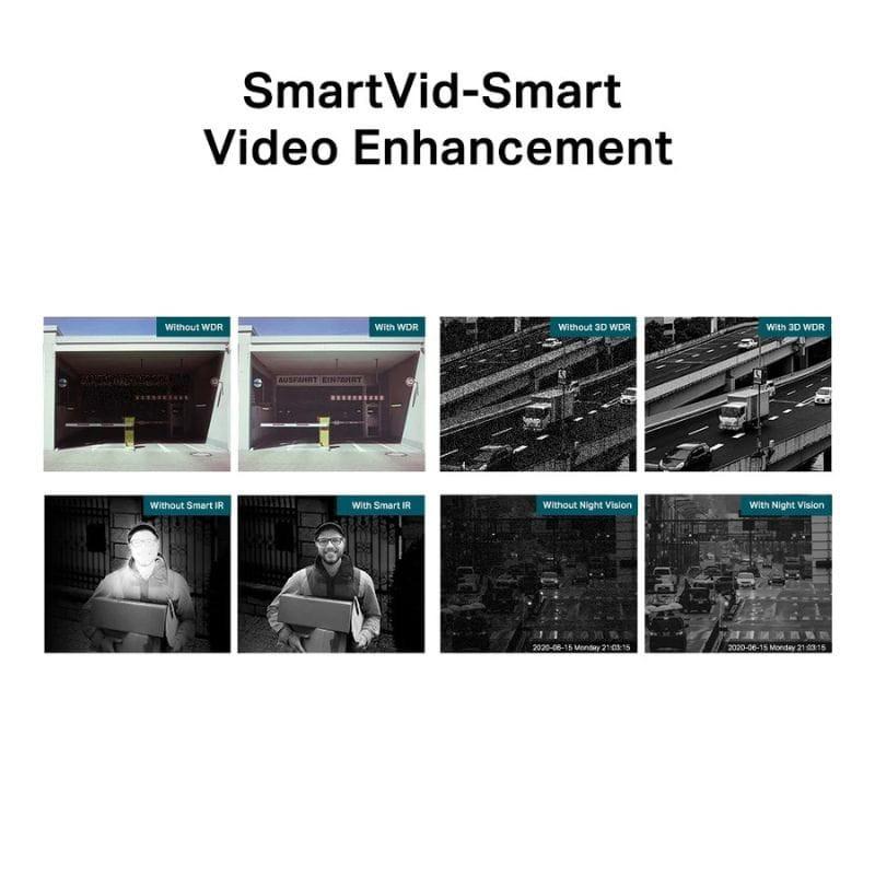 Mosaico comparativo de funciones SmartVid: mejora WDR, 3D WDR, Smart IR y visión nocturna, mostrando escenas claras de día y noche en tráfico y rostros