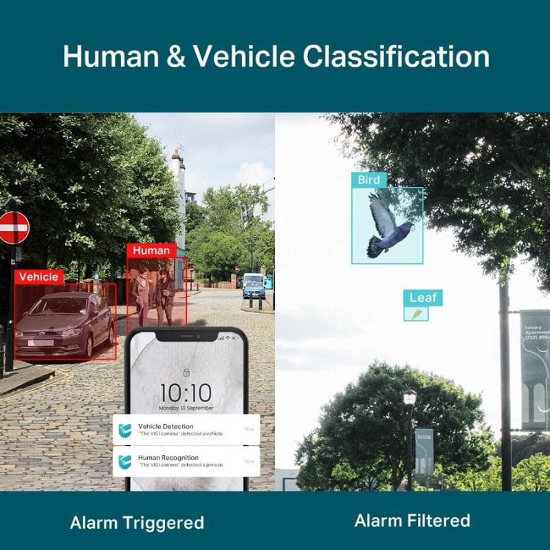 Pantalla comparativa de clasificación humana y vehicular: recuadros para humano y vehículo con alertas activadas versus pájaro y hoja filtrados en entorno