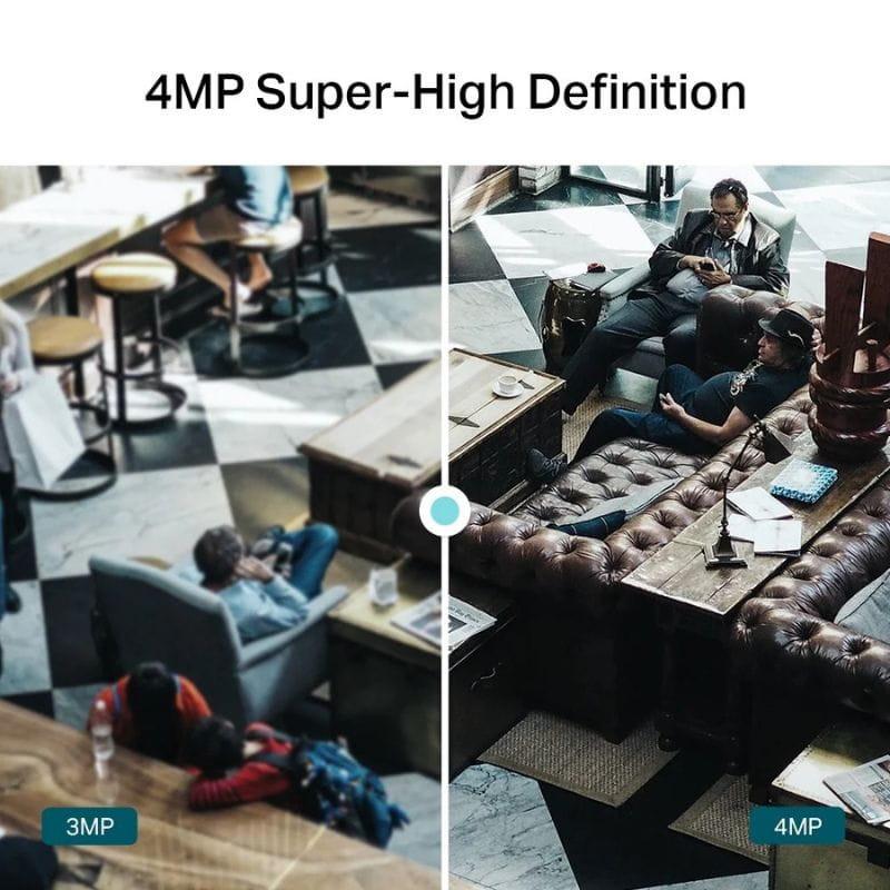 Comparativa de definición 3MP vs 4MP con línea divisoria; detalle más nítido en 4MP, ideal para vigilancia TP-Link VIGI C240I en interiores y exteriores