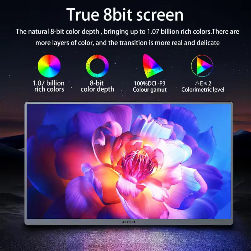 Arzopa A3C Pro 13,3 OLED 1080P: pantalla portátil sin bordes finos, colores 1.07B, 8 bits, gama 100% DCI-P3 y ΔE<2 para gaming con alta fidelidad
