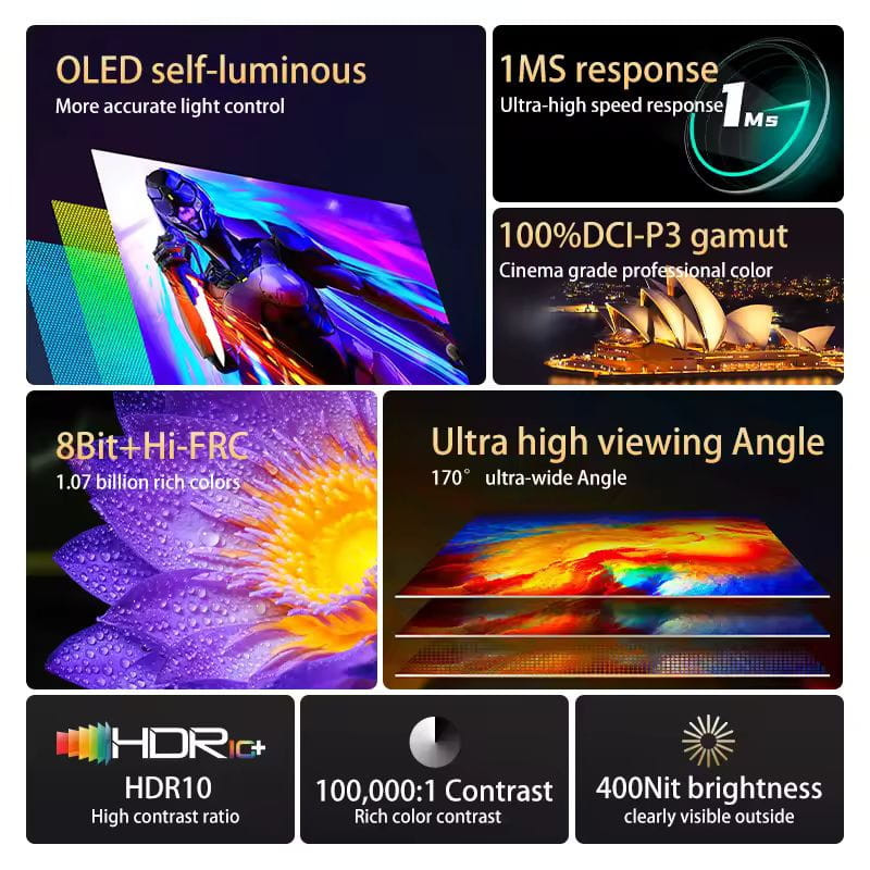 Monitor portátil OLED 13,3 FHD 1080p, respuesta 1 ms, gamut 100% DCI-P3, 8 bit + Hi-FRC, ángulo 170°, HDR10, contraste 100000:1, brillo 400 nits