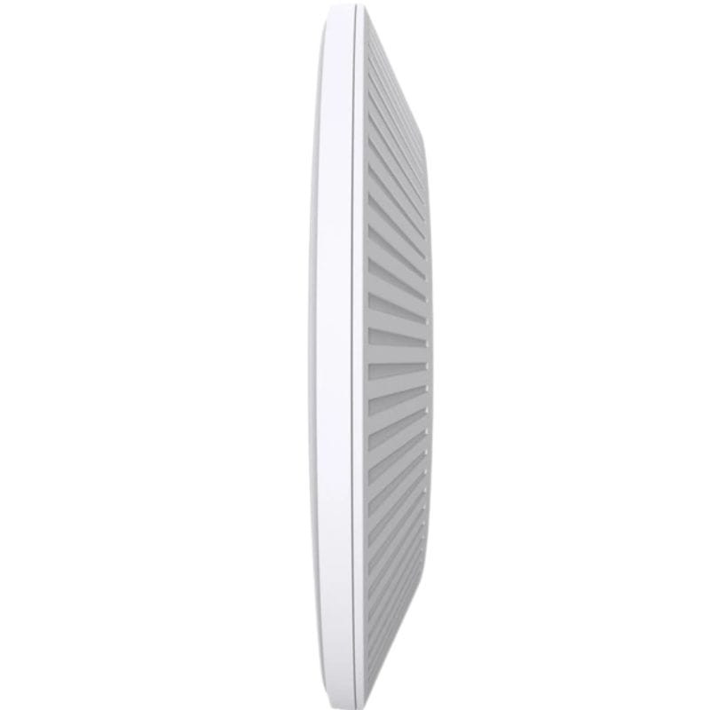Vista lateral del TP-Link Omada EAP673: cuerpo blanco ultrafino circular con rejillas grises de ventilación y borde liso, diseño para montaje en techo PoE