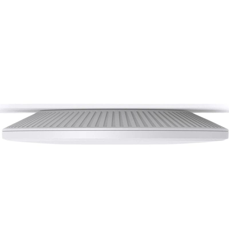 TP-Link Omada EAP673 punto de acceso blanco, perfil ultra plano, cubierta gris con ranuras de ventilación y diseño minimalista para montaje en techo PoE