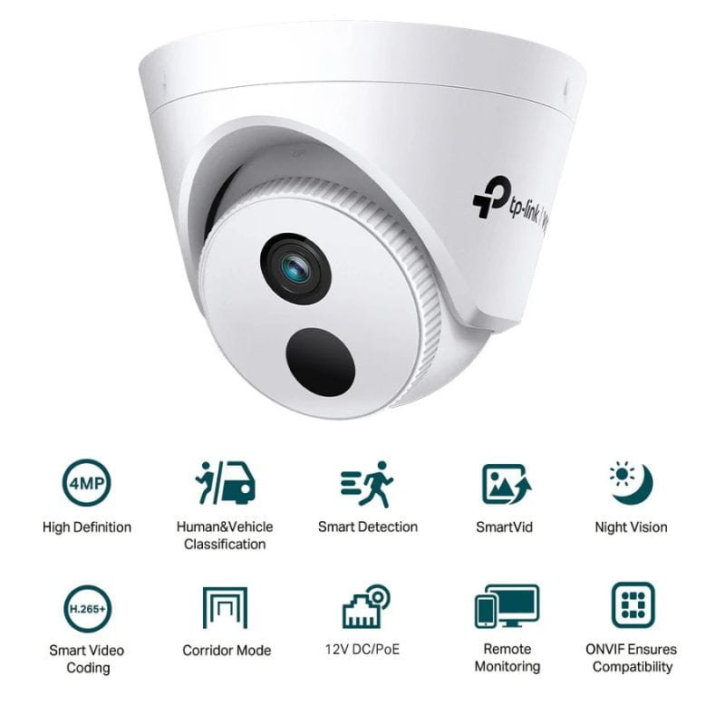 Câmara TP-Link VIGI C440I 4MP com lente 4 mm, design dome branco, sensor visível, LED IR para visão noturna, suporte PoE, H.265+ e compatibilidade ONVIF