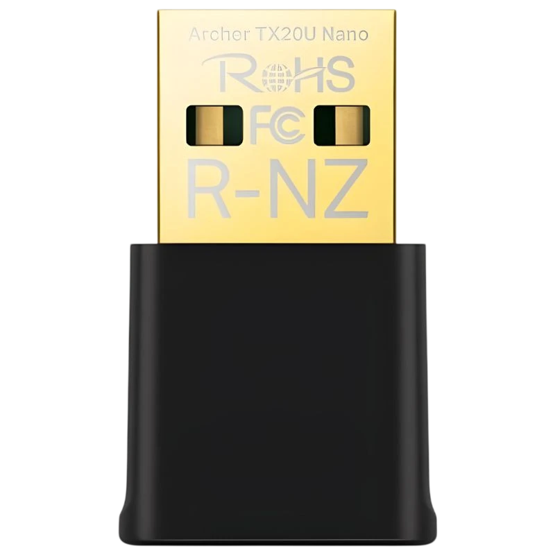 Adaptador USB nano Wi‑Fi 6 TP‑Link Archer TX20U AX1800 en color negro con conector dorado compacto, diseño minimalista y acabado mate
