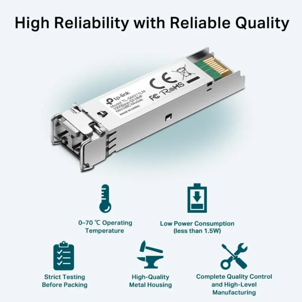 Módulo transceptor TP-Link TL-SM311LS V3 MiniGBIC, carcasa metálica, conector LC, bajo consumo menos de 1.5 W, rango 0–70 °C, pruebas estrictas y alta