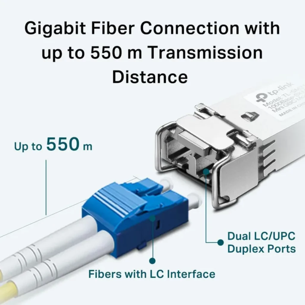 Módulo SFP TP-Link TL-SM311LS V3 1000Base-LX para fibra monomodo, carcasa metálica plateada, conector LC dúplex y pestaña de extracción, compatible Omada