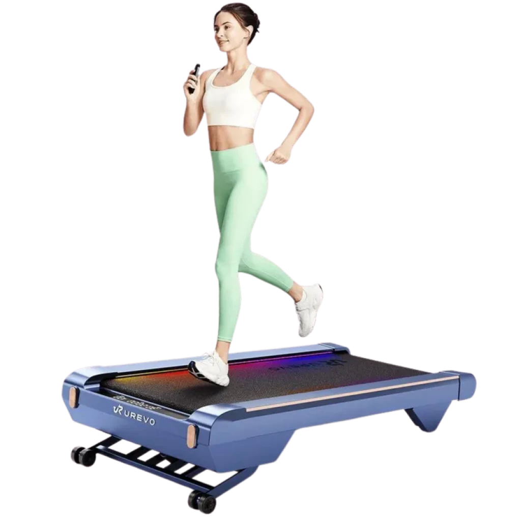 UREVO CyberPad Azul, cinta de correr compacta con diseño plegable, barandillas laterales, superficie antideslizante y detalles LED en el panel superior