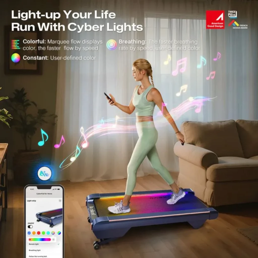 UREVO CyberPad Azul, cinta de correr compacta con plataforma LED multicolor, barandales plegables, ruedas de transporte y control desde app en smartphone
