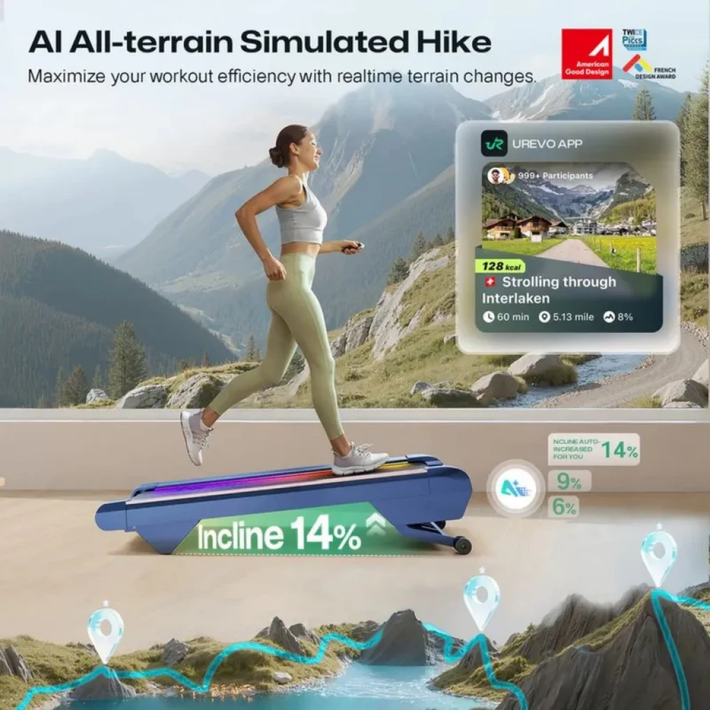 UREVO CyberPad Azul, cinta de correr compacta con inclinación 14%, barra LED multicolor, pantalla lateral de métricas y diseño moderno para entrenamiento en