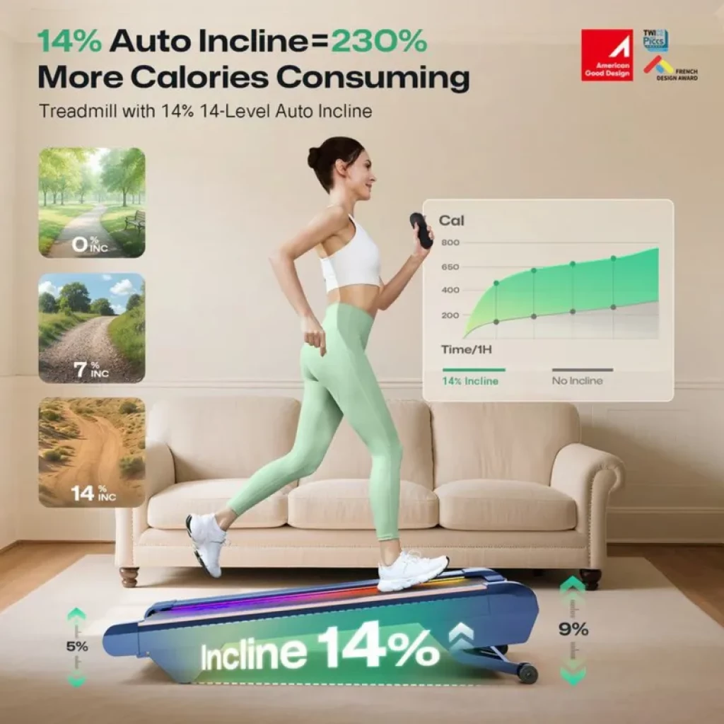 UREVO CyberPad Azul, cinta de correr compacta con inclinación automática 14 niveles, barandilla baja, pantalla lateral y diseño plegable moderno