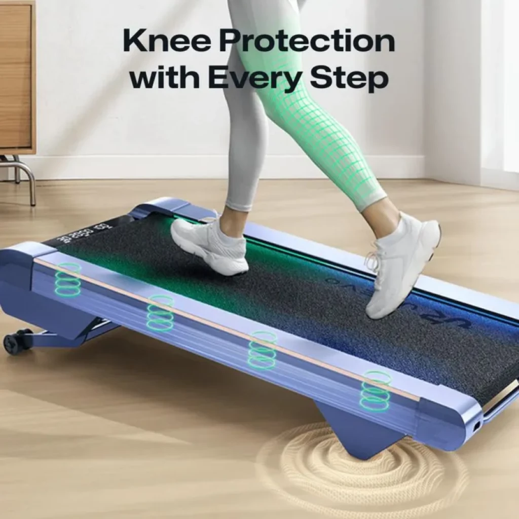 UREVO CyberPad Azul, cinta de correr compacta con amortiguación visible, plataforma plegable baja, barandales laterales azules y superficie antideslizante