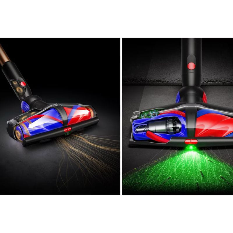 Dyson V16 Piston Animal: cabezales motorizados con rodillos multicolor, succión de pelos y polvo, luz verde para detectar suciedad en suelos oscuros.