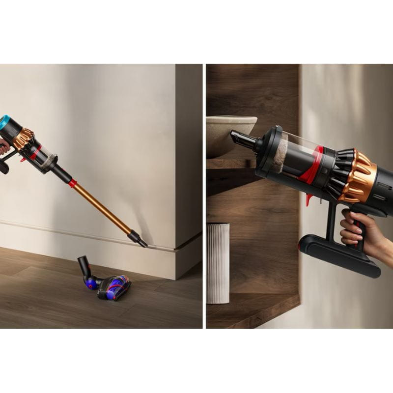 Dyson V16 Piston Animal: aspiradora sin cable dorada con tubo largo, cabezal motorizado LED y boquilla para rincones; depósito transparente y diseño