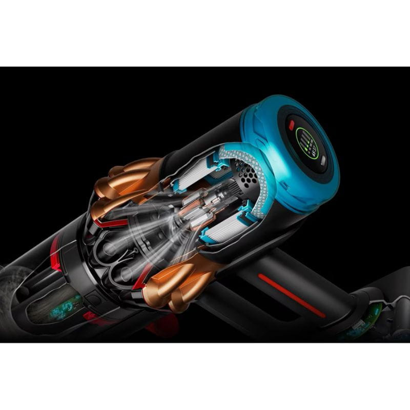 Corte interno de la Dyson V16 Piston Animal: motor y ciclones visibles, carcasa azul y cobre, pantalla digital, diseño sin cable para limpieza potente.