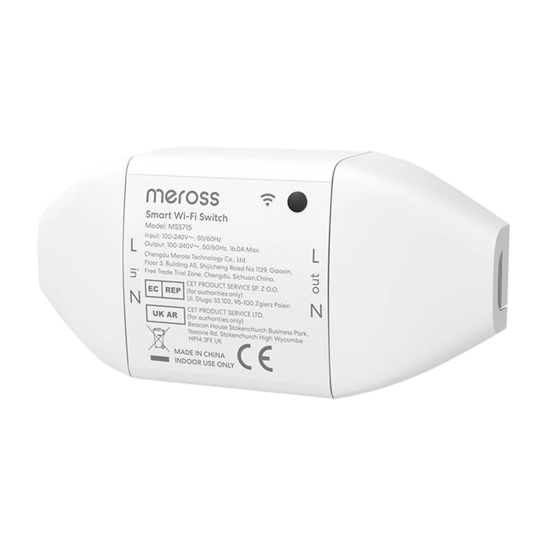 Meross MSS715MA-UN WiFi Switch blanco, compacto, con bornes L/N de entrada y salida, carcasa ovalada y etiqueta técnica impresa para instalación interior.