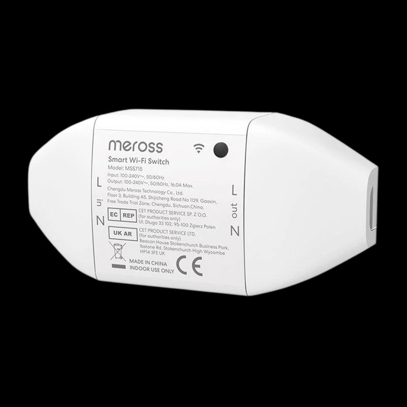 Meross MSS715MA-UN WiFi Switch blanco, compacto, con bornes L/N de entrada y salida, carcasa ovalada y etiqueta técnica impresa para instalación interior.