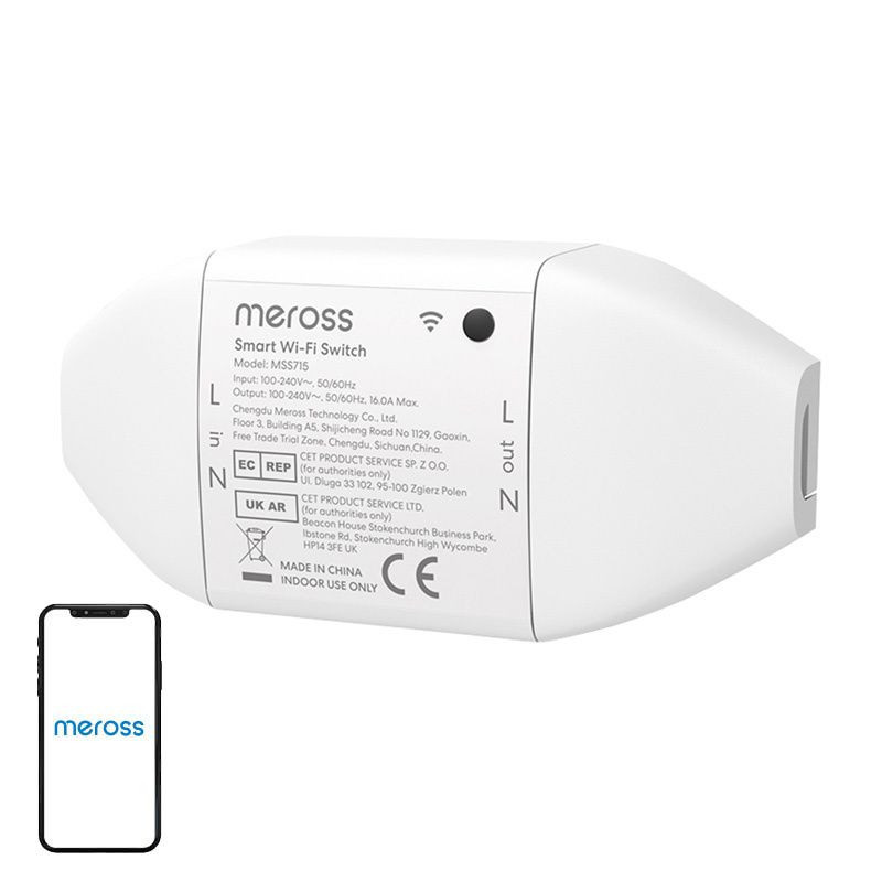 Meross MSS715MA-UN WiFi Switch: módulo blanco compacto con entradas L/N y salidas L/N, indicadores y etiquetas técnicas impresas; ideal para control