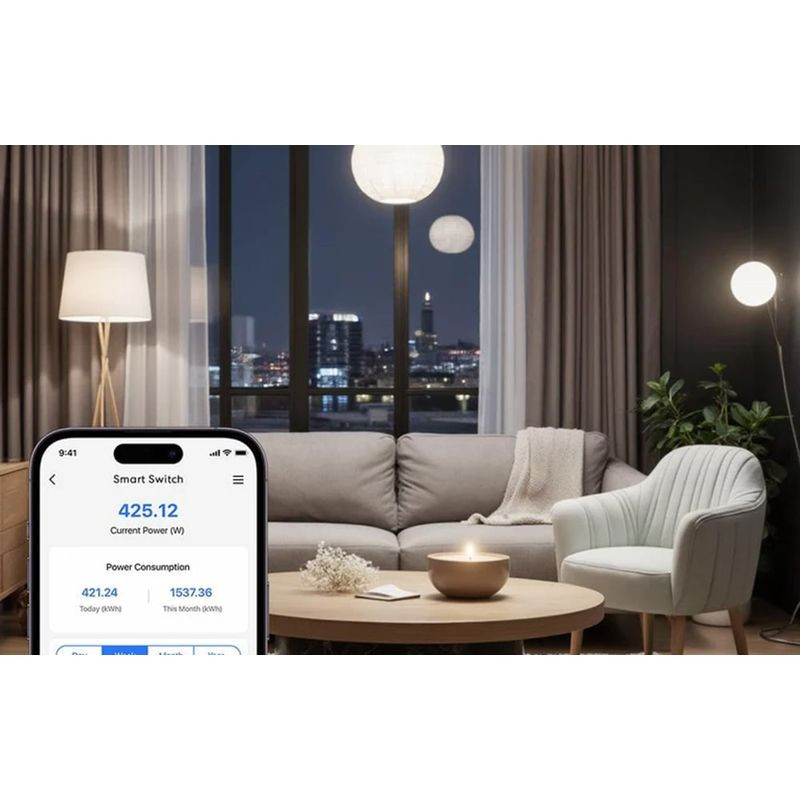 Módulo interruptor Meross MSS715MA-UN WiFi; control inteligente del consumo mostrado en app móvil. Compatible con hogar moderno, iluminación y energía.