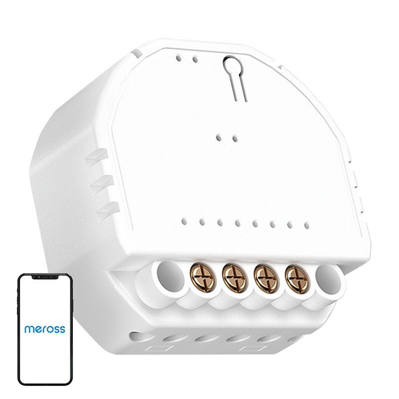 Meross MSS815MA-UN WiFi Switch: módulo interruptor blanco empotrable, cuatro bornes con tornillos, carcasa compacta con ranuras laterales y soporte para app