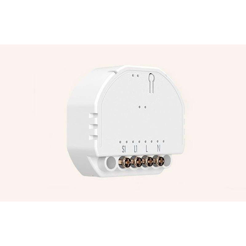 Meross MSS815MA-UN WiFi Switch: módulo compacto blanco para empotrar, bornes etiquetados S, I, L, L, N, carcasa plástica con orificio de montaje y tornillos