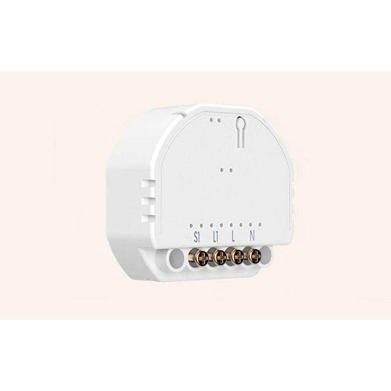 Meross MSS815MA-UN WiFi Switch: módulo compacto blanco para empotrar, bornes etiquetados S, I, L, L, N, carcasa plástica con orificio de montaje y tornillos
