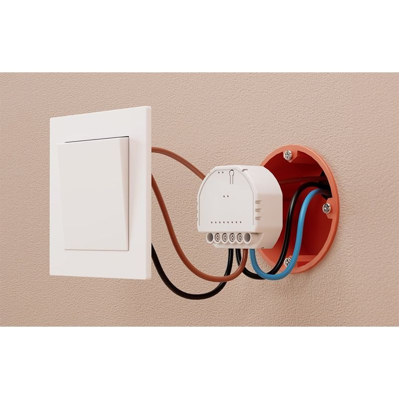 Meross MSS815MA-UN WiFi - Switch: módulo interruptor empotrable blanco con bornes etiquetados y cables marrón, negro y azul en caja redonda de pared.
