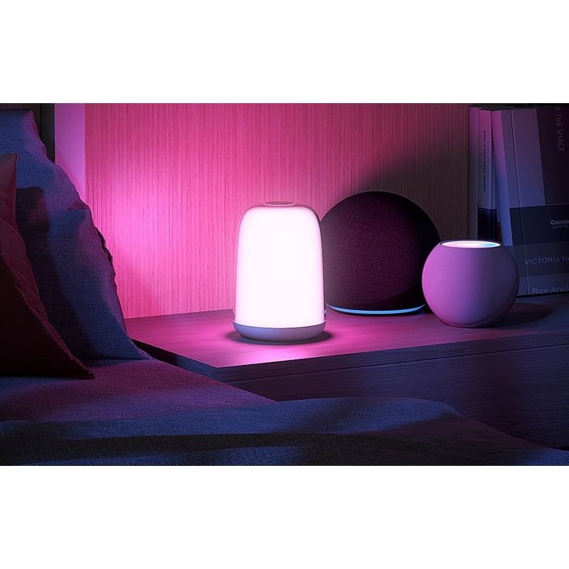 Lámpara inteligente Meross MSL430J: diseño cilíndrico blanco con base gris, luz RGB vibrante y blanco 6500K, ideal para mesita de noche, compatible HomeKit