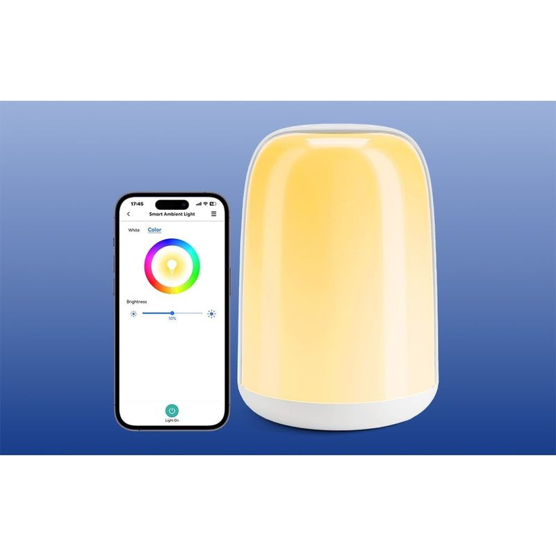 Lámpara inteligente cilíndrica con luz RGB y blanco 6500K, base blanca. Control por app en smartphone, ajuste de brillo y color vía WiFi/HomeKit.