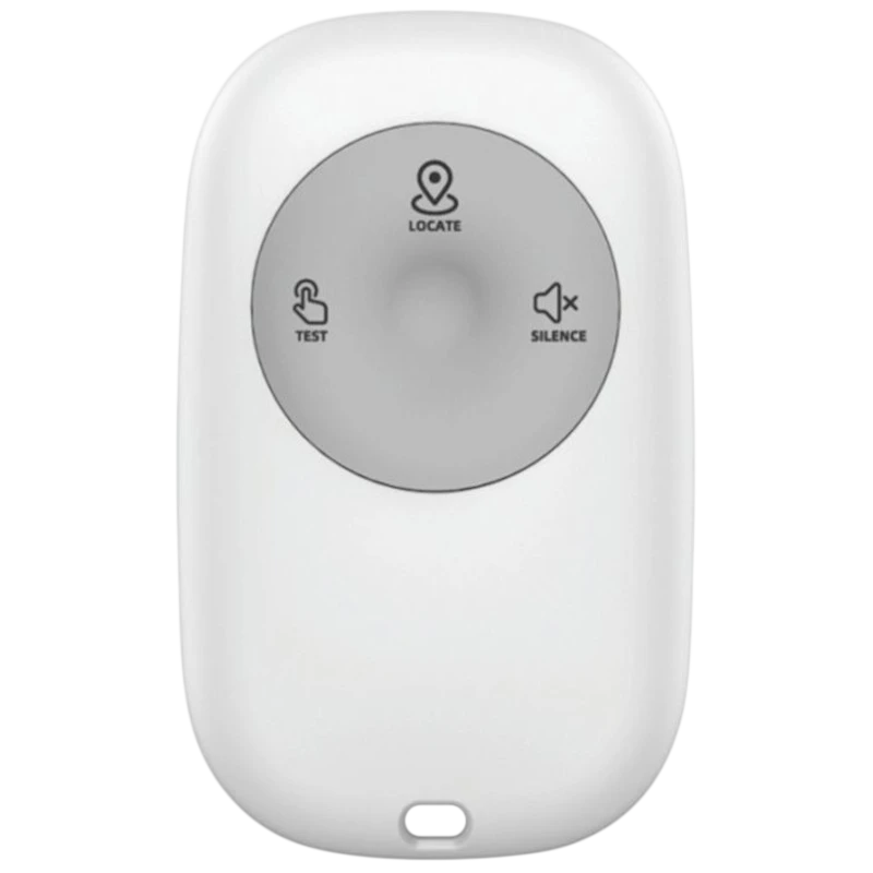 Mando a distancia inalámbrico Heiman HM1RC-W Interconectado en blanco con panel gris y botones grandes de Test, Locate y Silence; diseño compacto y