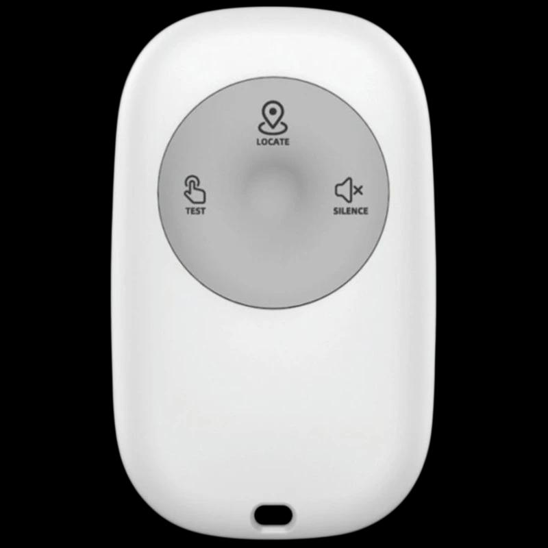 Télécommande sans fil Heiman HM1RC-W compacte blanche, grand bouton central, zone grise avec commandes Locate Test et Silence, indicateur LED en bas
