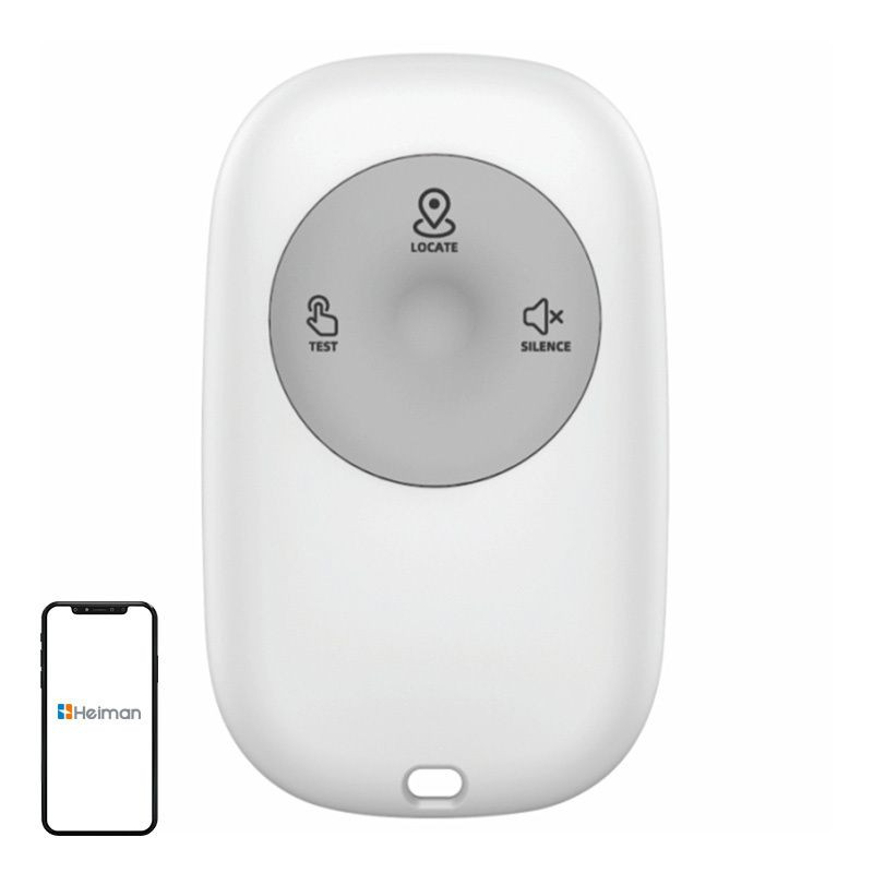 Télécommande sans fil blanche compacte Heiman HM1RC-W avec grand bouton central et touches TEST LOCATE SILENCE, indicateur LED et compatibilité smartphone
