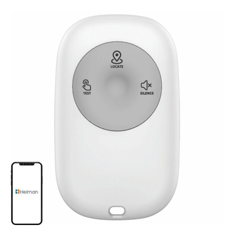Télécommande sans fil blanche compacte Heiman HM1RC-W avec grand bouton central et touches TEST LOCATE SILENCE, indicateur LED et compatibilité smartphone